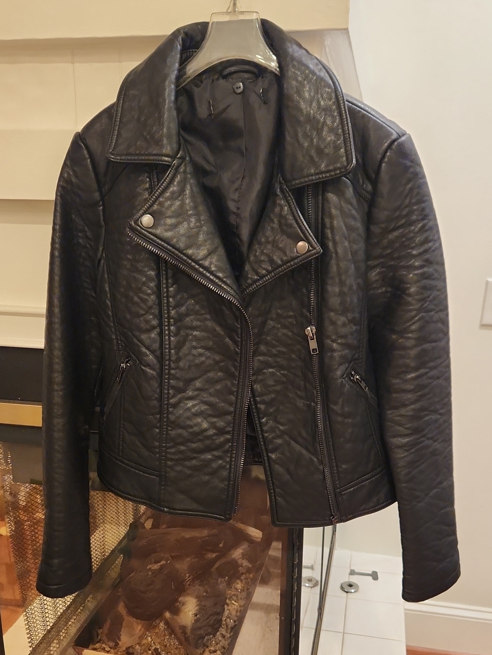 Black Women's Faux Leather Thick Moto Jacket Missing Detachable Hood & Size